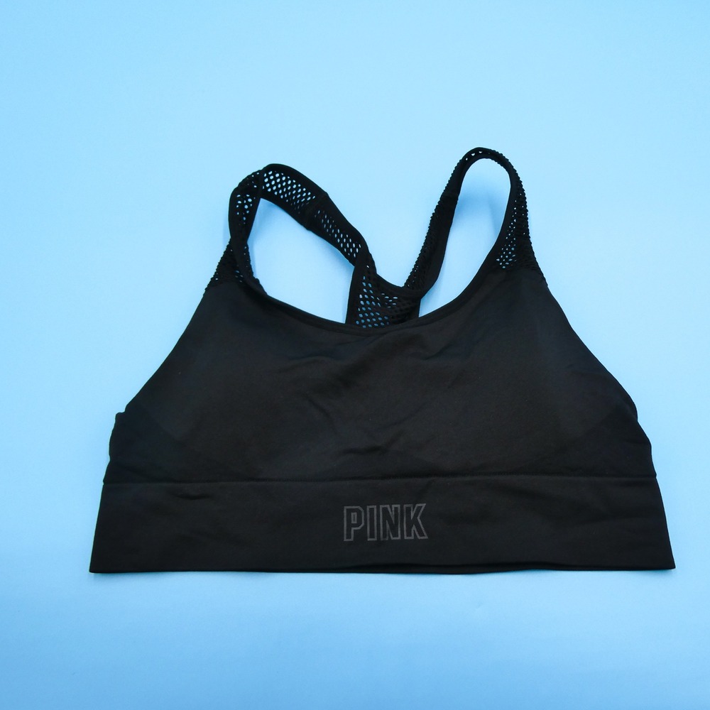 PINK Sports Bra Womens Medium Seamless Lightly‎ Lined Racerback Black Polyester